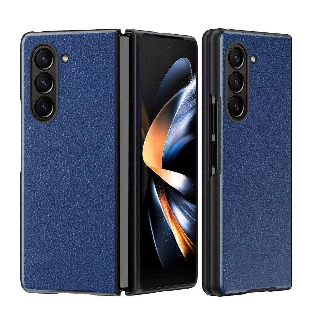 Samsung Galaxy Z Fold5 5G Leather Litchi Bakdeksel - Blå