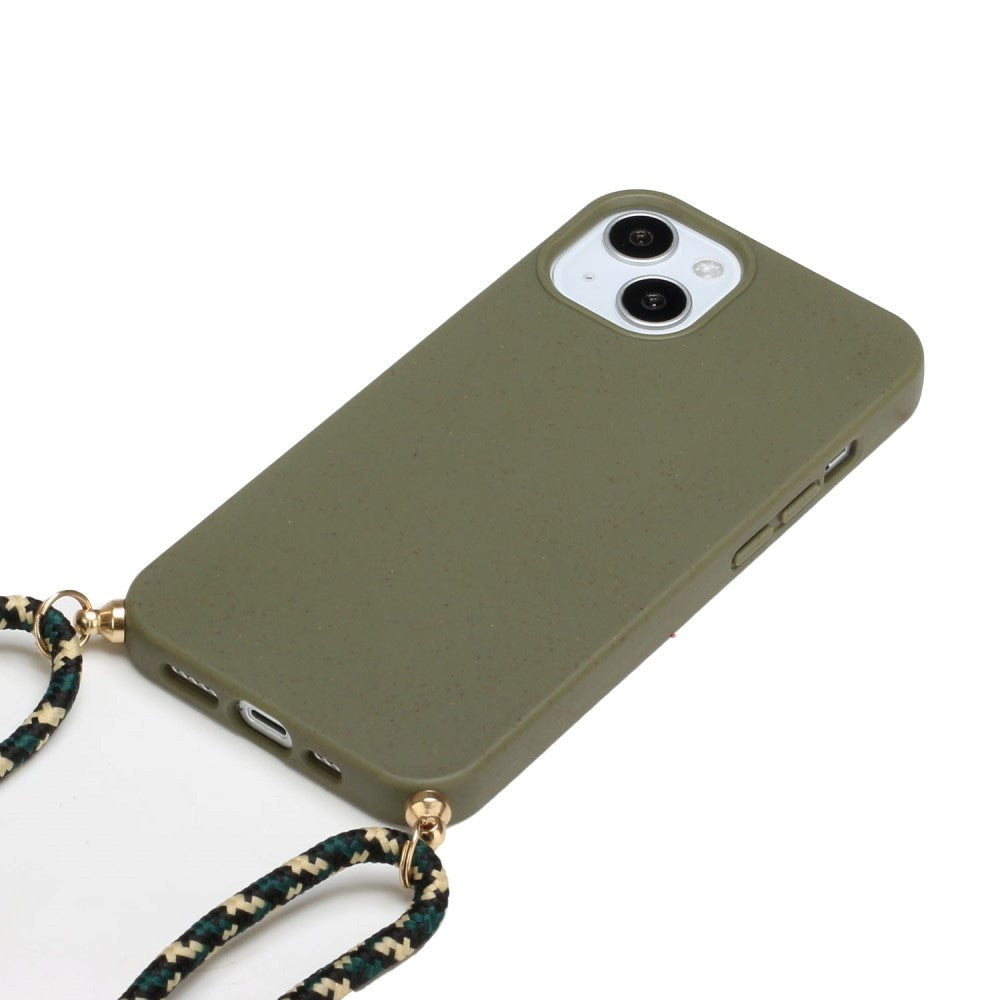 iPhone 15 Plus fleksibelt plastdeksel m. Snor / stropp - Army Green