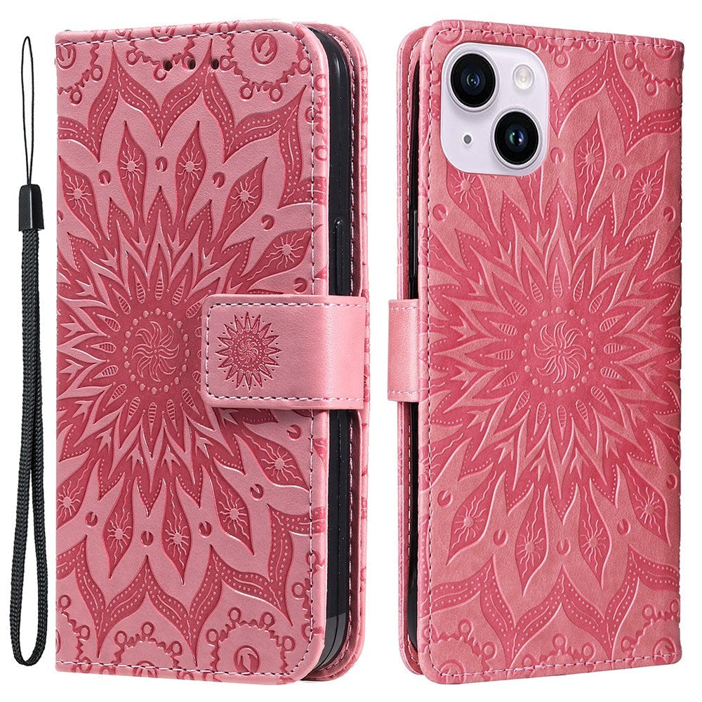 iPhone 15 Plus Leather Flip Cover m. Lommebok og stropp - Mandala Flower - Rosa