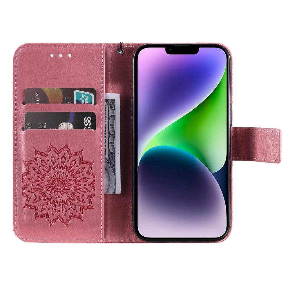 iPhone 15 Plus Leather Flip Cover m. Lommebok og stropp - Mandala Flower - Rosa