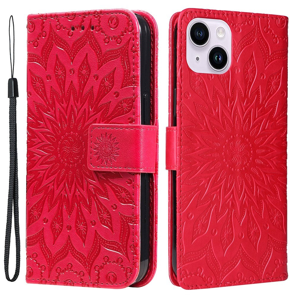 iPhone 15 Plus Læder Flip Cover m. Pung og Strop - Mandala Blomst - Rød