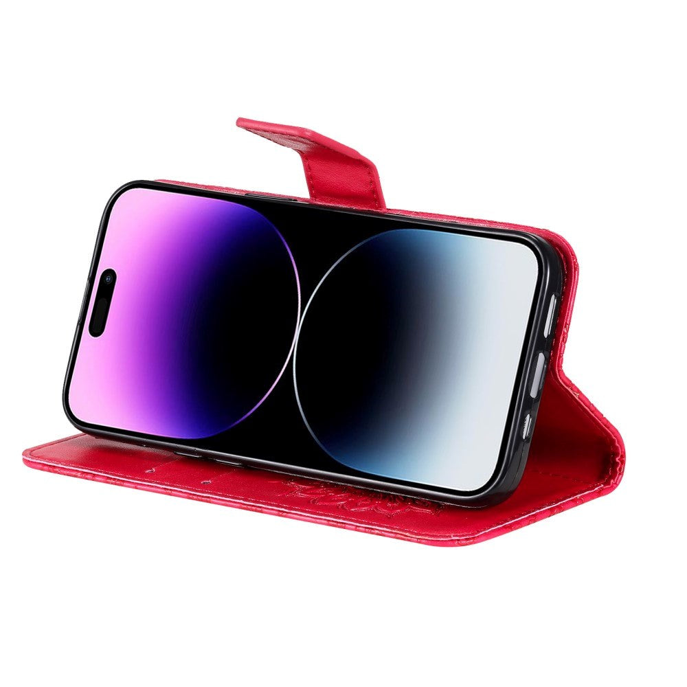 iPhone 15 Pro Max Leather Flip Cover m. Lommebok og stropp - Mandala Blomst - Rød