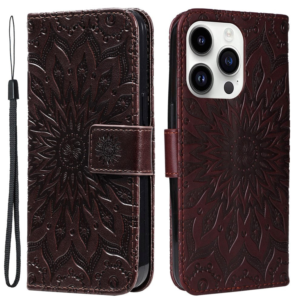 iPhone 15 Pro Leather Flip Cover m. Lommebok og stropp - Mandala Flower - Mørkebrun