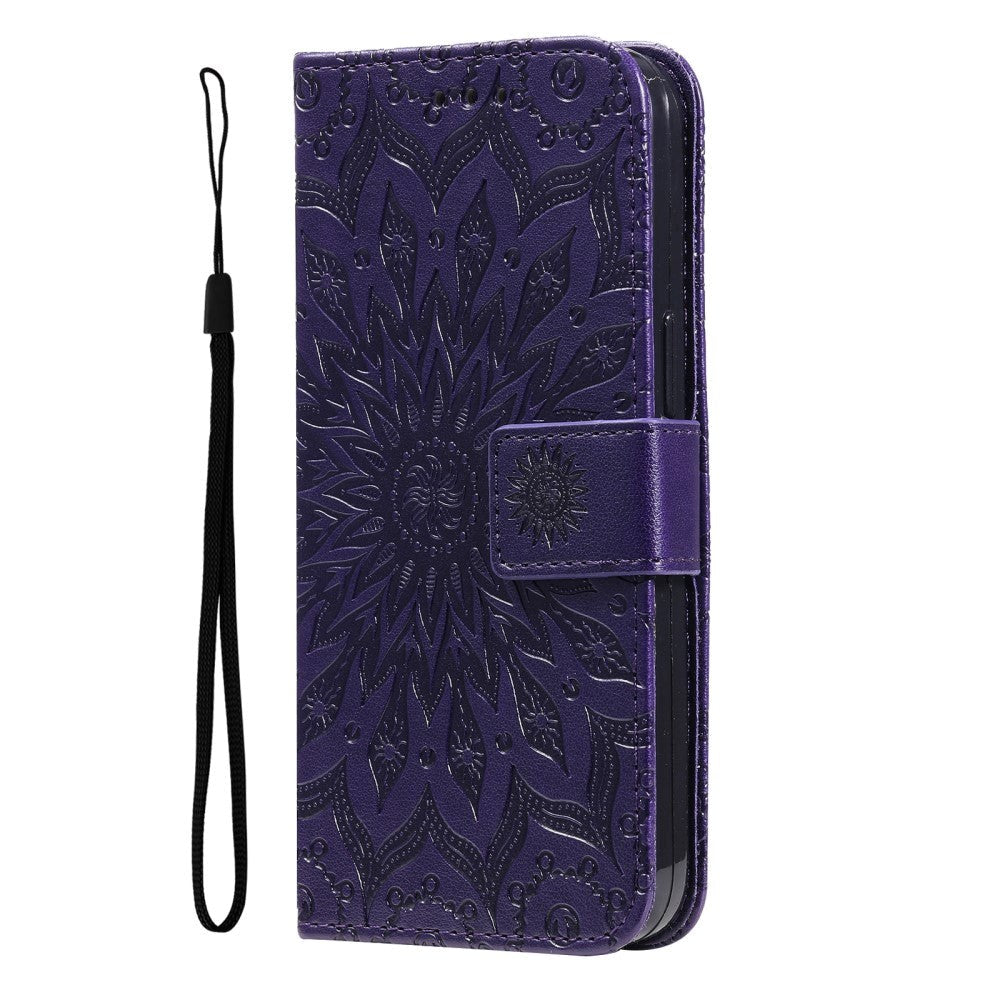 iPhone 15 Pro Leather Flip Cover m. Veske og stropp - Mandala Flower - Lilla
