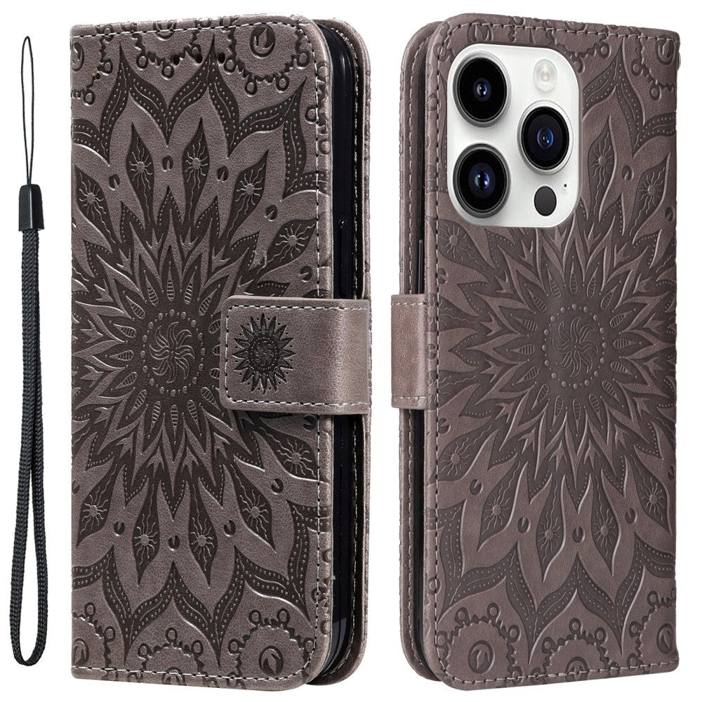 iPhone 15 Pro Leather Flip Cover m. Lommebok og stropp - Mandala Flower - Brun