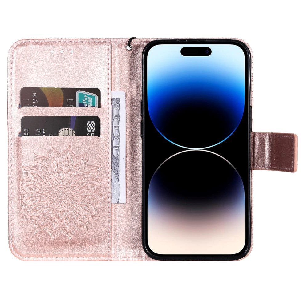 iPhone 15 Pro Leather Flip Cover m. Lommebok og stropp - Mandala Flower - Rose Gold