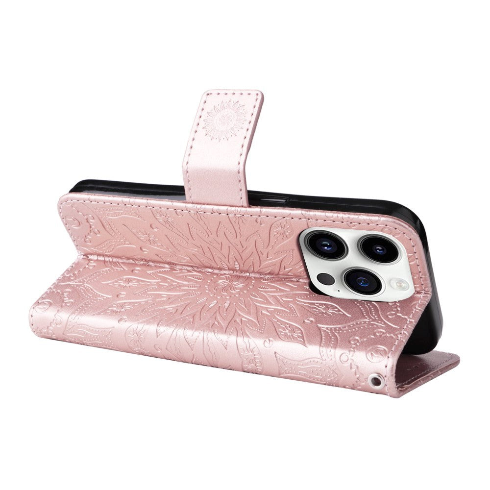iPhone 15 Pro Leather Flip Cover m. Lommebok og stropp - Mandala Flower - Rose Gold