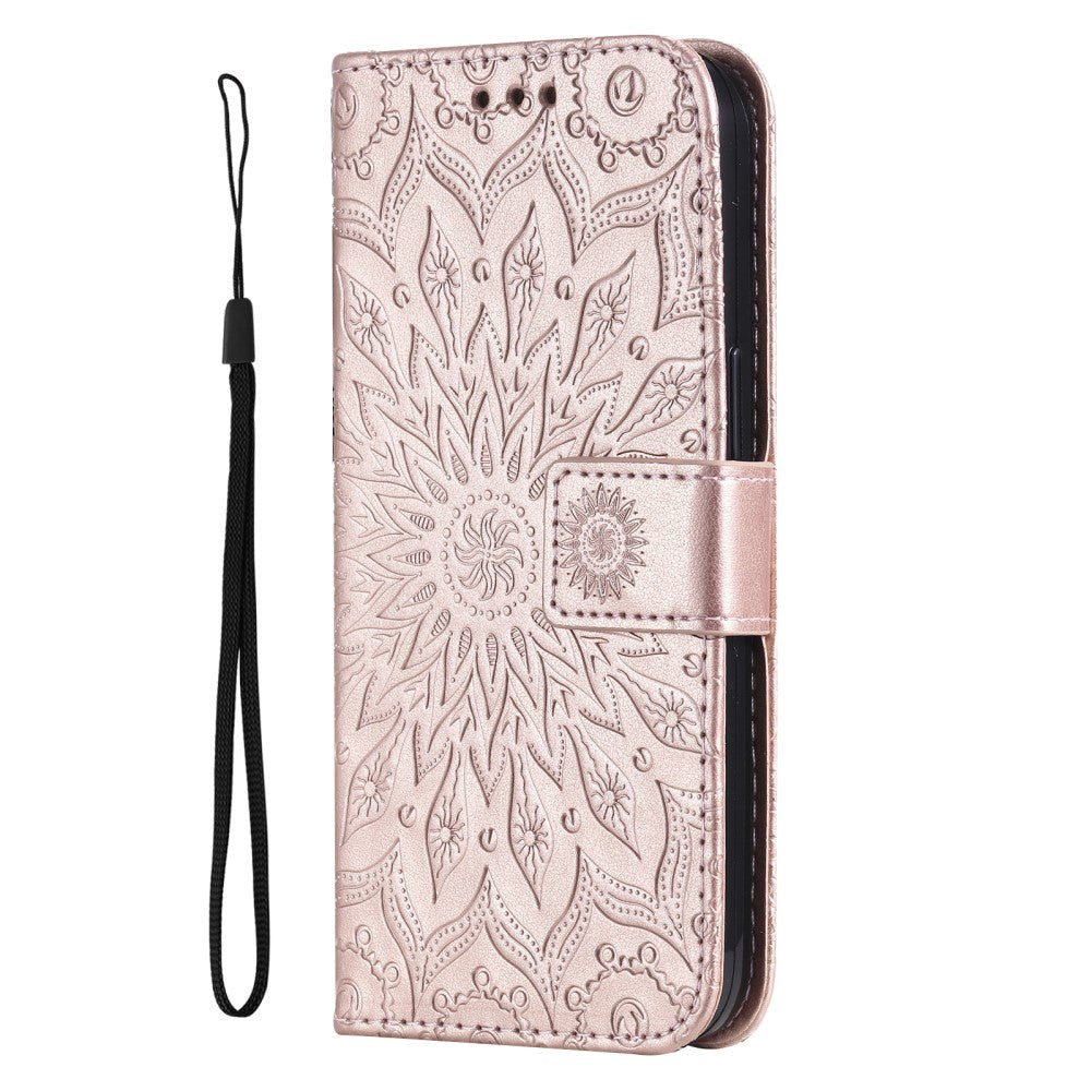 iPhone 15 Pro Leather Flip Cover m. Lommebok og stropp - Mandala Flower - Rose Gold