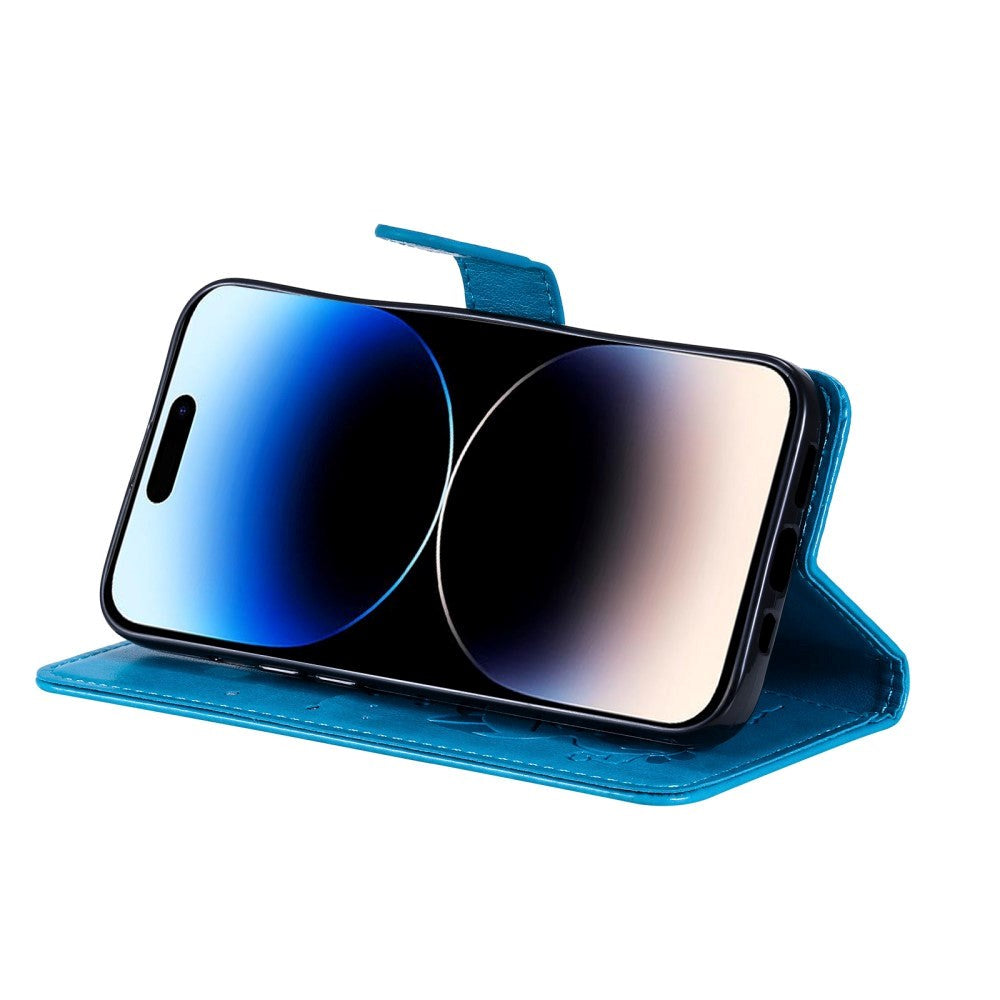 iPhone 15 Pro Leather Flip Cover m. Lommebok og stropp - Kattegravering - Blå