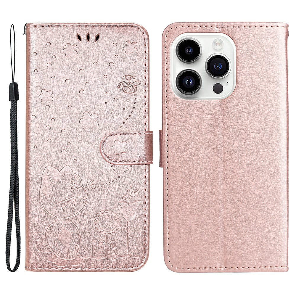 iPhone 15 Pro Leather Flip Cover m. Lommebok og stropp - Kattegravering - Rose gull