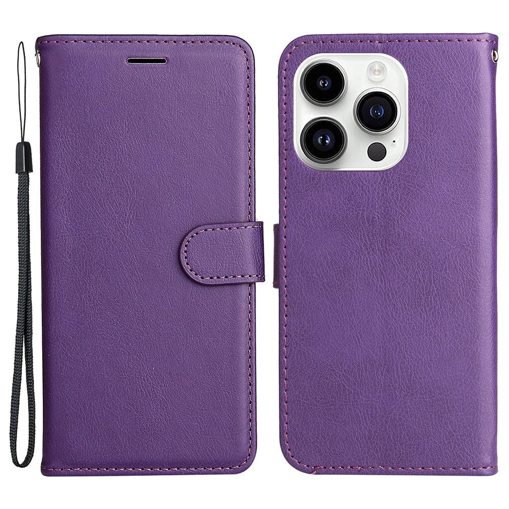 iPhone 15 Pro Leather Flip Cover m. Rem og lommebok - Lilla