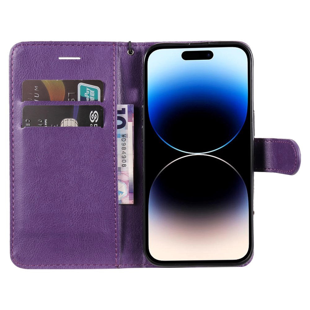 iPhone 15 Pro Leather Flip Cover m. Rem og lommebok - Lilla