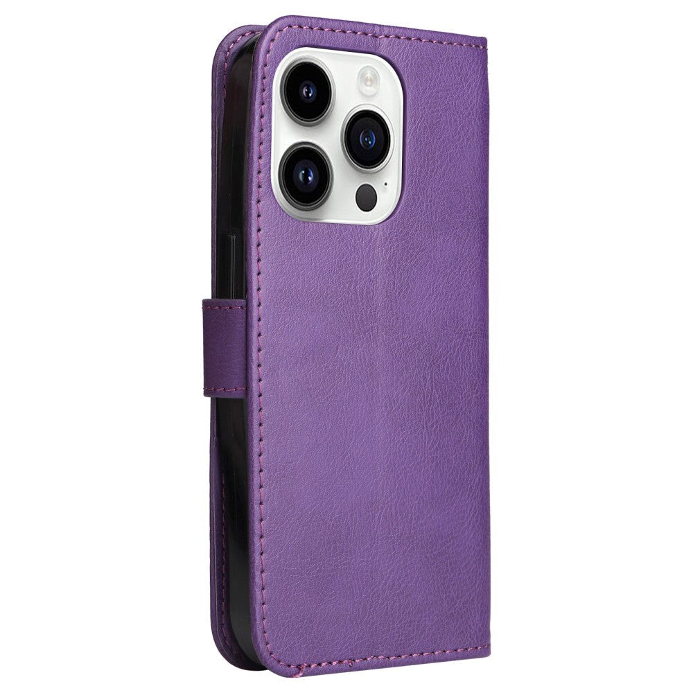 iPhone 15 Pro Leather Flip Cover m. Rem og lommebok - Lilla