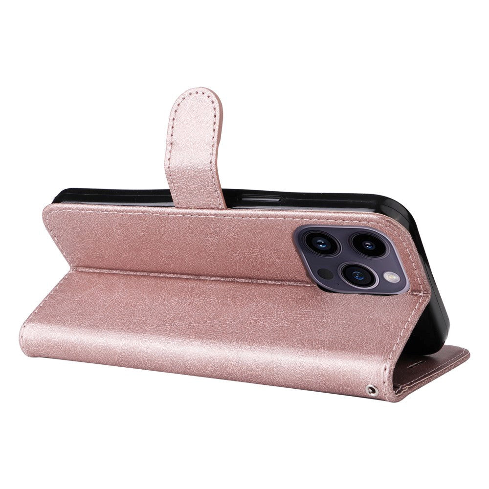 iPhone 15 Pro Max Leather Flip Cover m. Lommebok og stropp - Rose gull