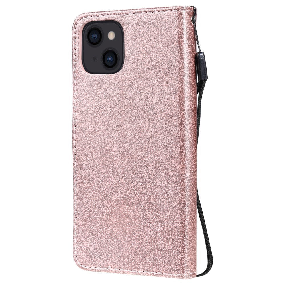 iPhone 15 Læder Flip Cover m. Pung og Strop - Rose Gold