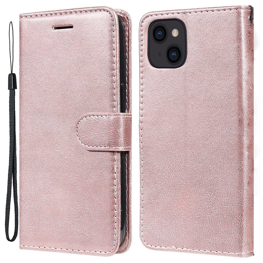 iPhone 15 Læder Flip Cover m. Pung og Strop - Rose Gold