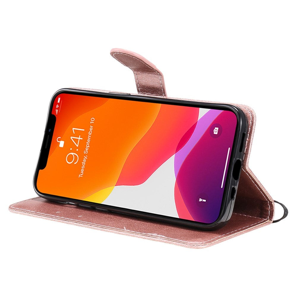 iPhone 15 Læder Flip Cover m. Pung og Strop - Rose Gold