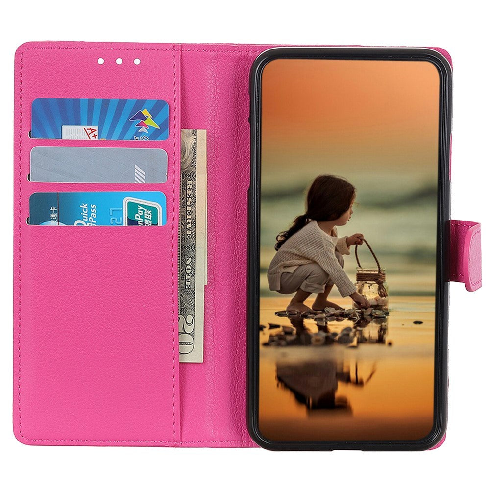 iPhone 15 Plus Litchi Leather Flip Cover m. Lommebok - Rosa