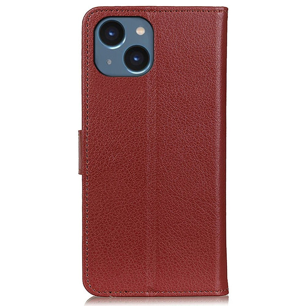 iPhone 15 Litchi Leather Flip Cover m. Lommebok - Brun