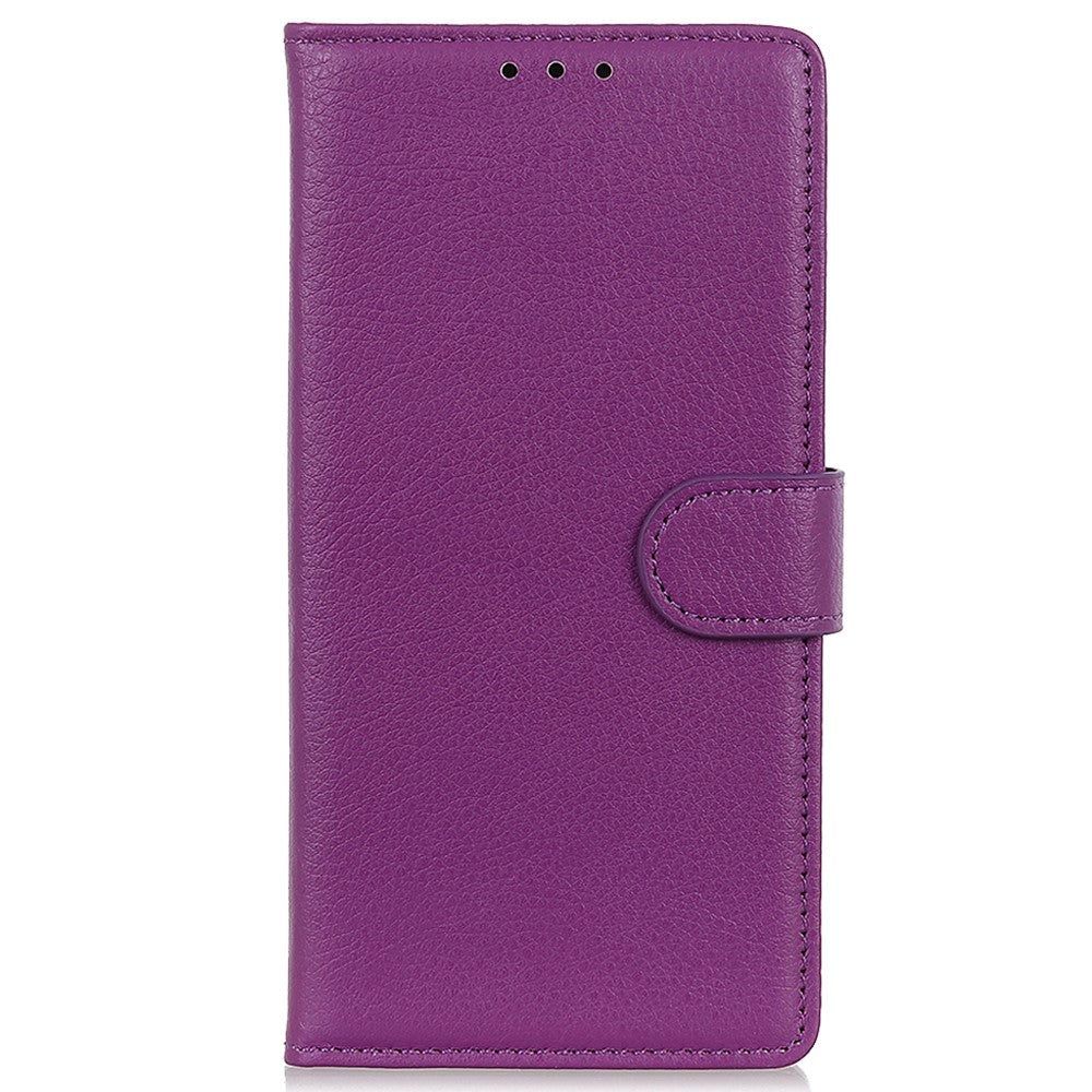 iPhone 15 Litchi Leather Flip Cover m. Lommebok - Lilla