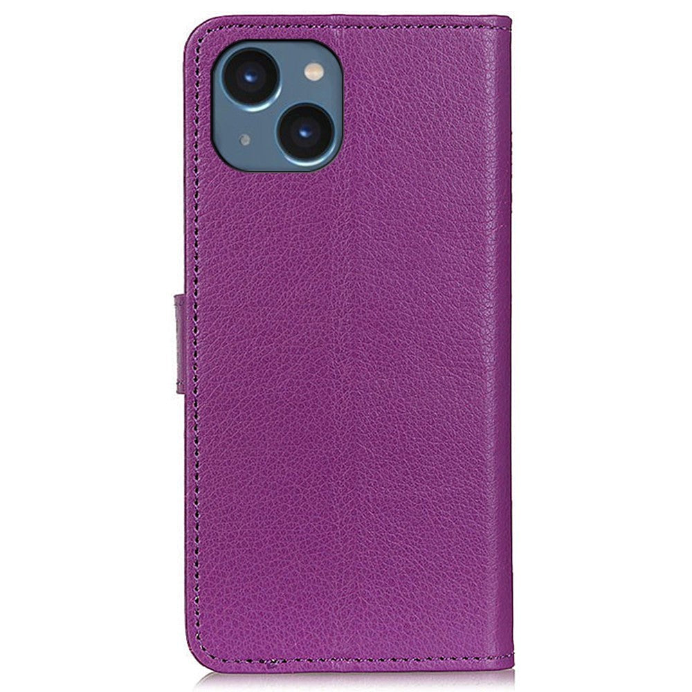 iPhone 15 Litchi Leather Flip Cover m. Lommebok - Lilla