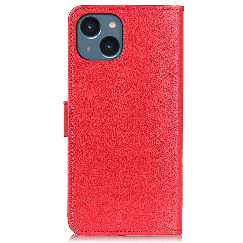 iPhone 15 Litchi Leather Flip Cover m. Lommebok - Rød