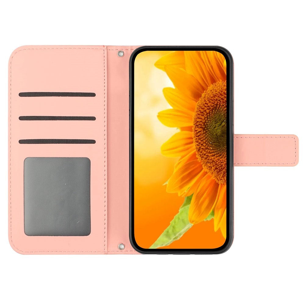 iPhone 15 Pro Leather Flip Cover m. Lommebok og stropp - Solsikkegravering - Rosa