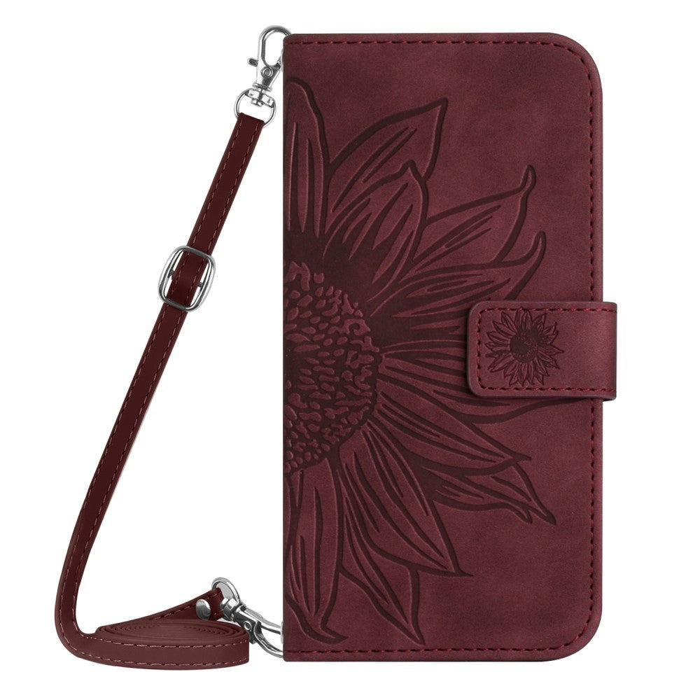 iPhone 15 Pro Leather Flip Cover m. Lommebok og stropp - Solsikkegravering - Burgund