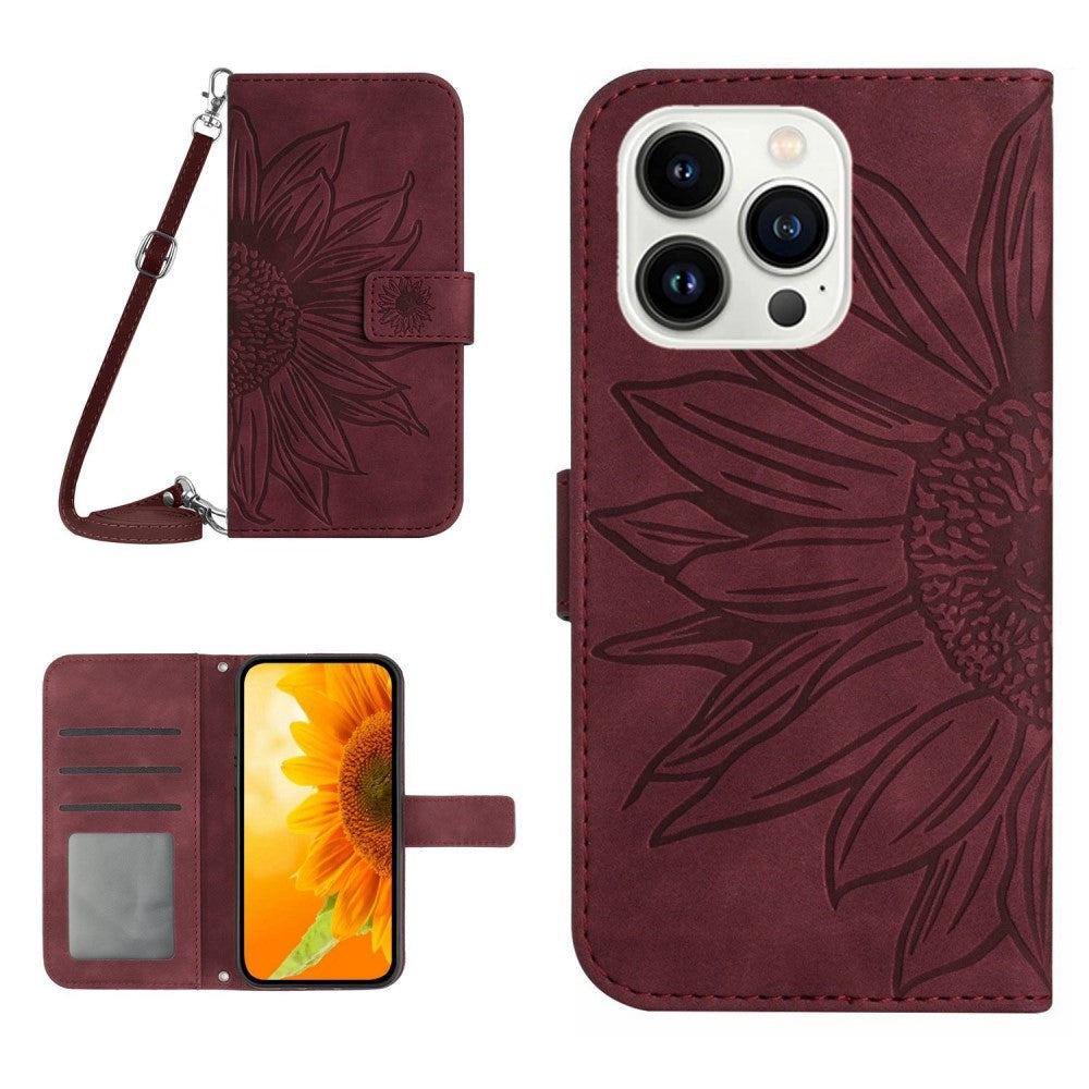 iPhone 15 Pro Leather Flip Cover m. Lommebok og stropp - Solsikkegravering - Burgund