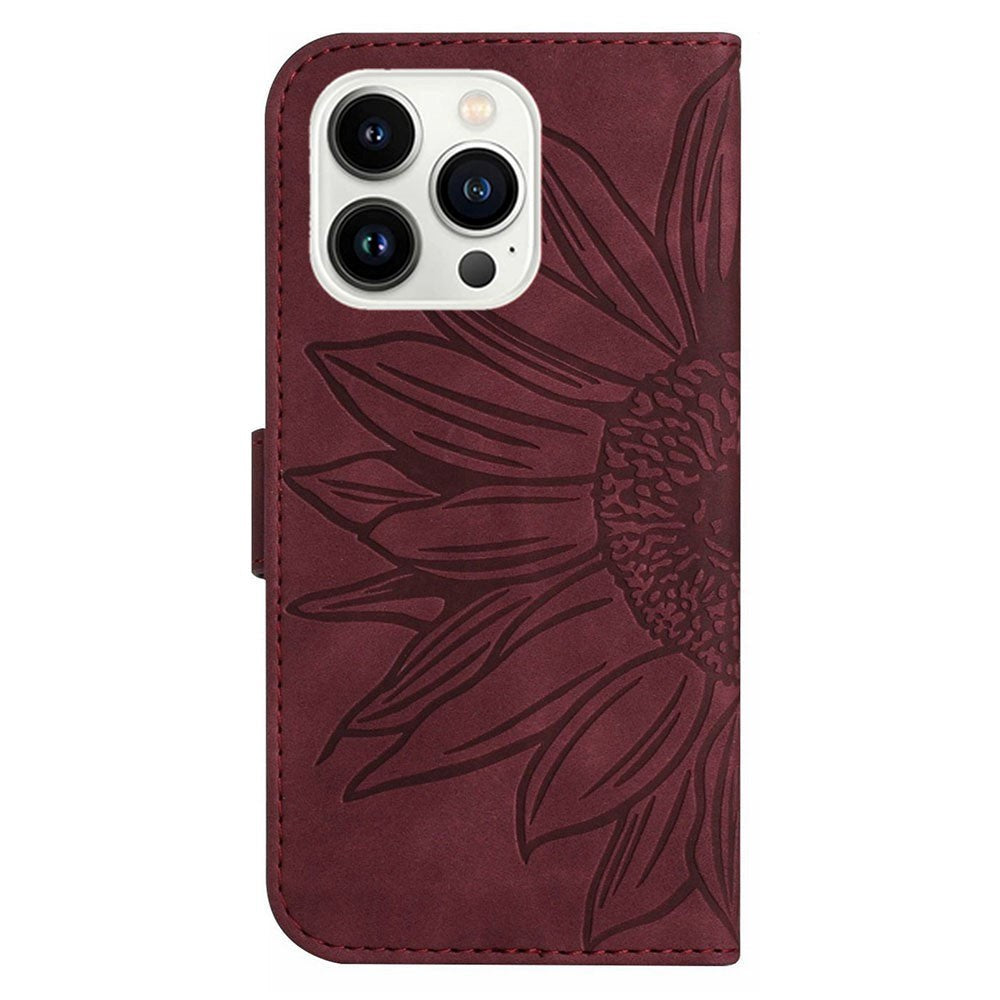 iPhone 15 Pro Leather Flip Cover m. Lommebok og stropp - Solsikkegravering - Burgund