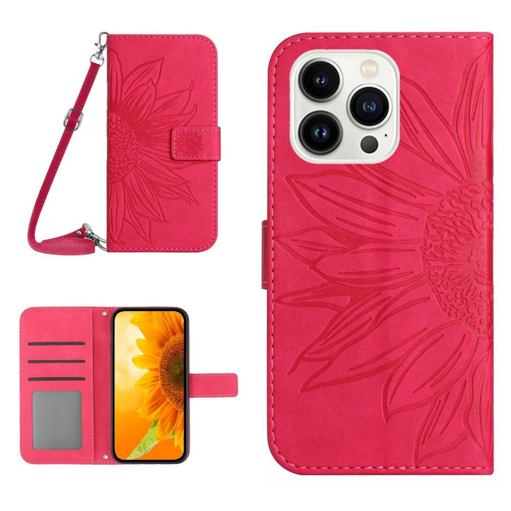 iPhone 15 Pro Leather Flip Cover m. Lommebok og stropp - Solsikkegravering - Rosa
