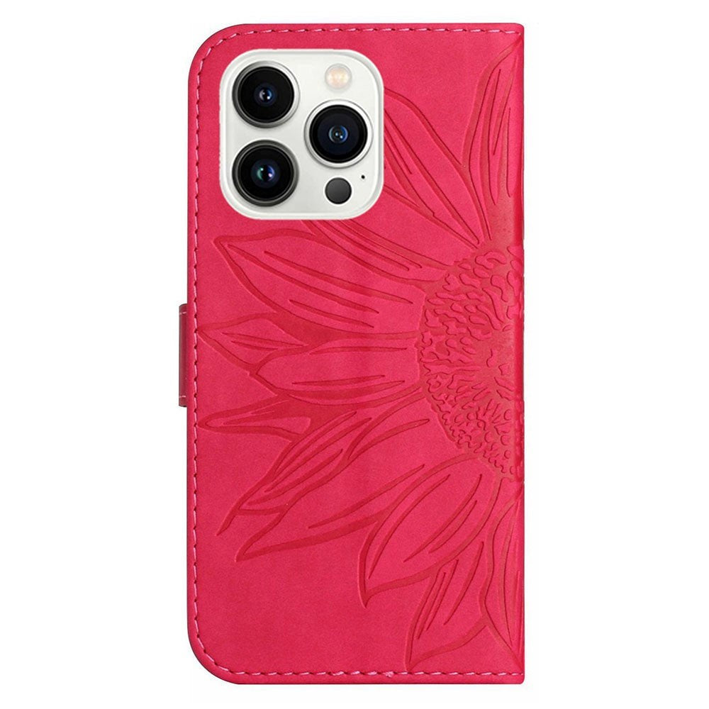 iPhone 15 Pro Leather Flip Cover m. Lommebok og stropp - Solsikkegravering - Rosa