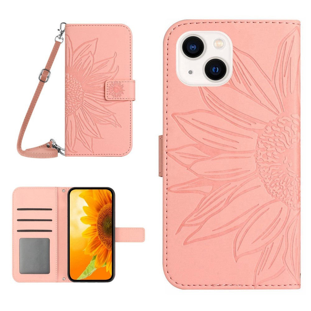 iPhone 15 Leather Flip Cover m. Lommebok og stropp - Solsikkegravering - Rosa