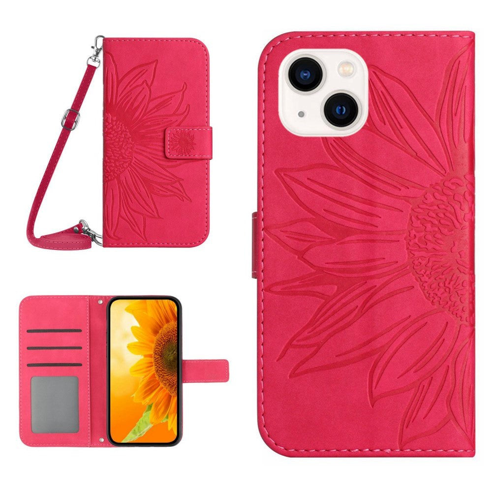 iPhone 15 Leather Flip Cover m. Lommebok og stropp - Solsikkegravering - Rosa