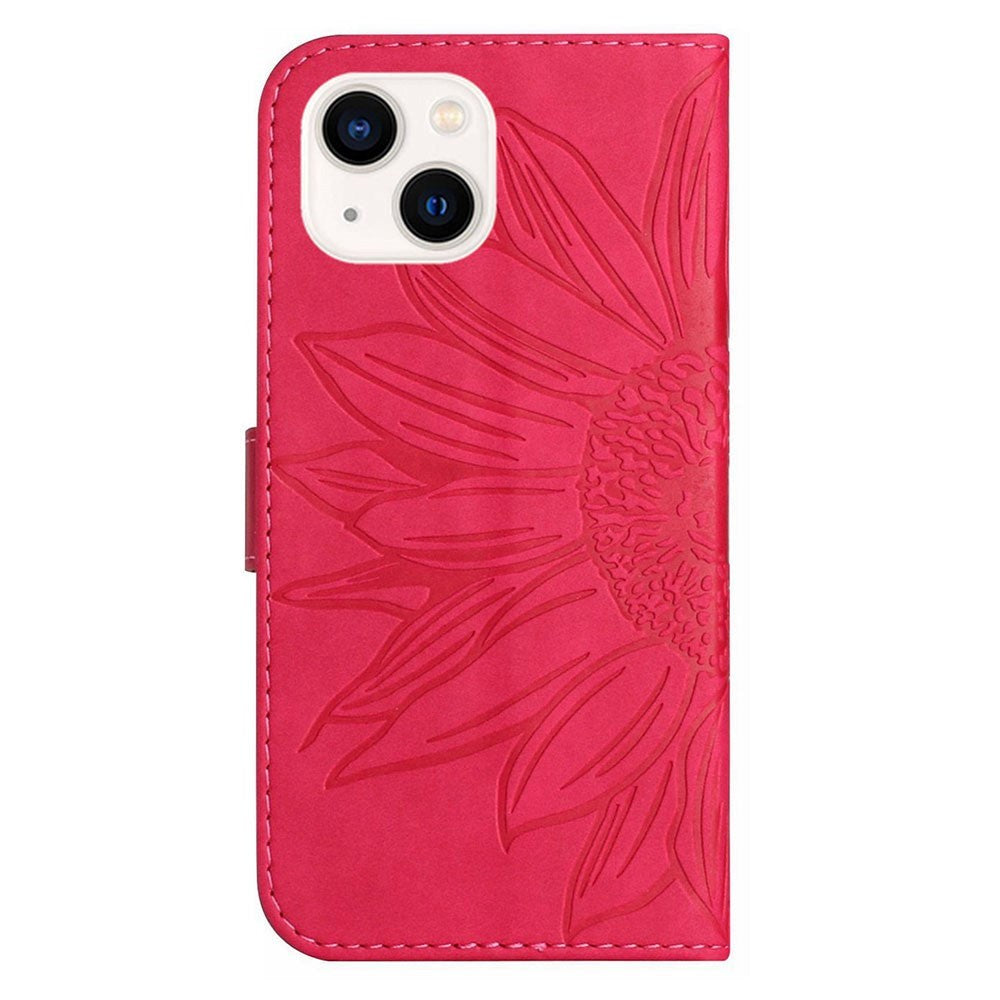 iPhone 15 Leather Flip Cover m. Lommebok og stropp - Solsikkegravering - Rosa