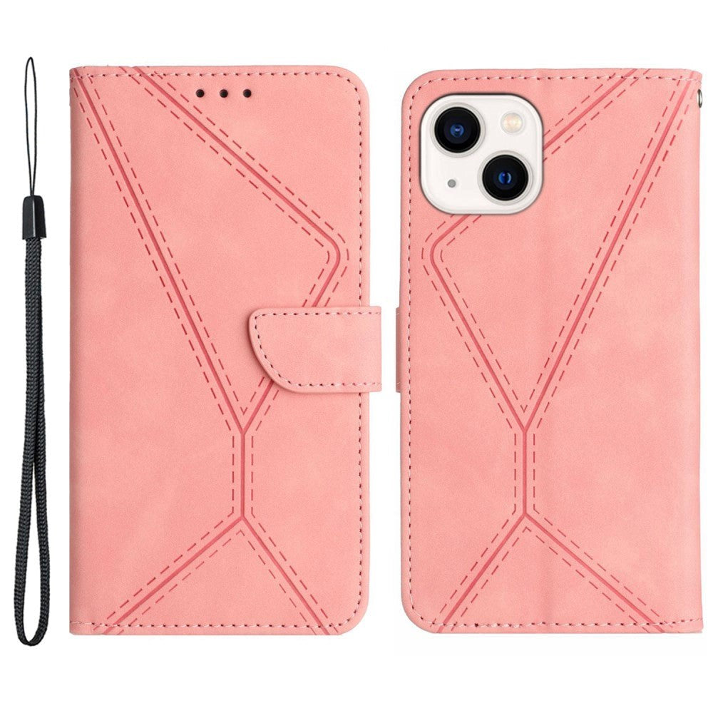iPhone 15 Leather Flip Cover m. Lommebok og stropp - Rosa