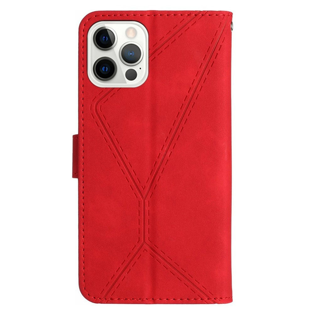 iPhone 15 Pro Max Leather Flip Cover m. Veske og stropp - Linjemønster - Rød