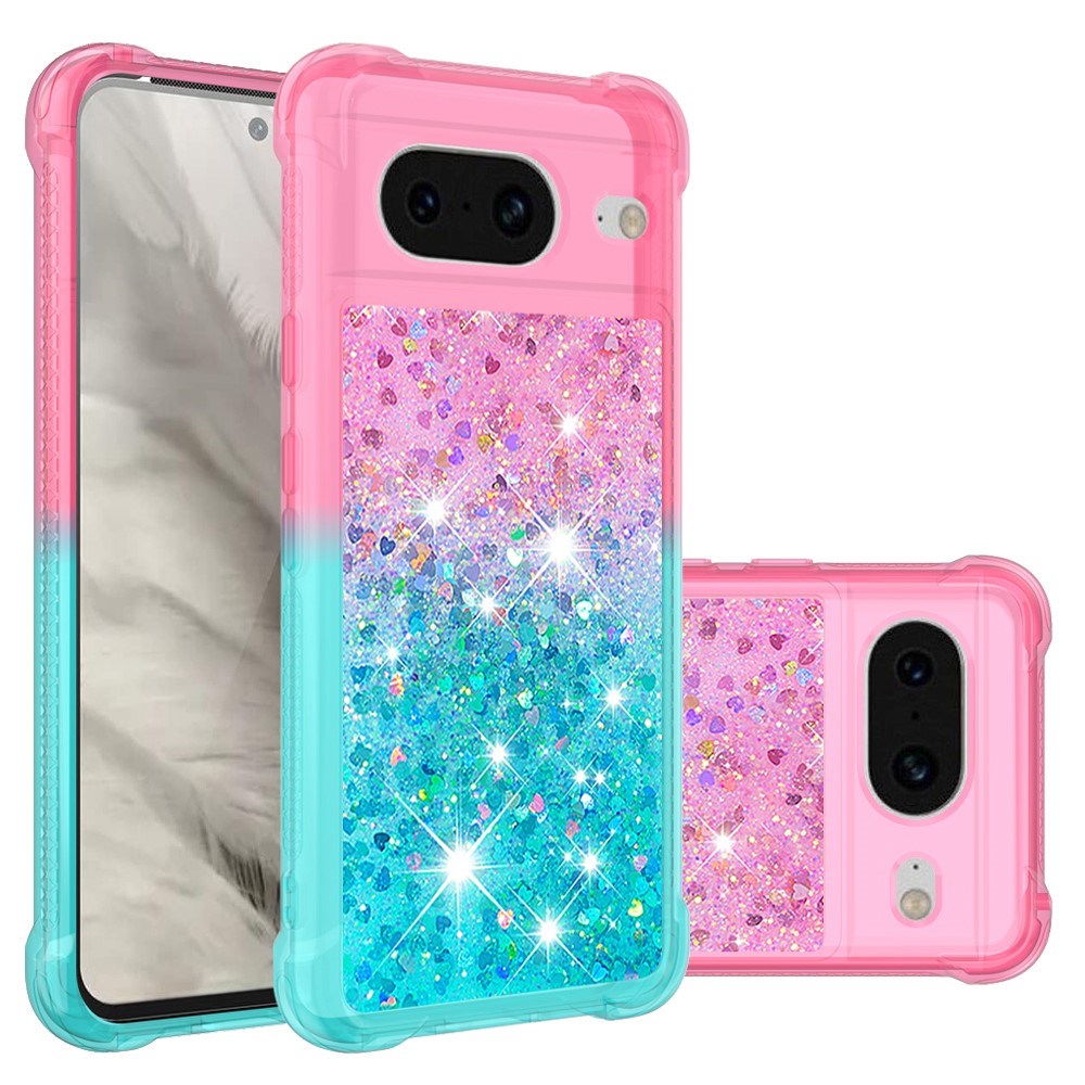 Google Pixel 8 Transparent Glitter Bakdeksel - Rosa / Turkis