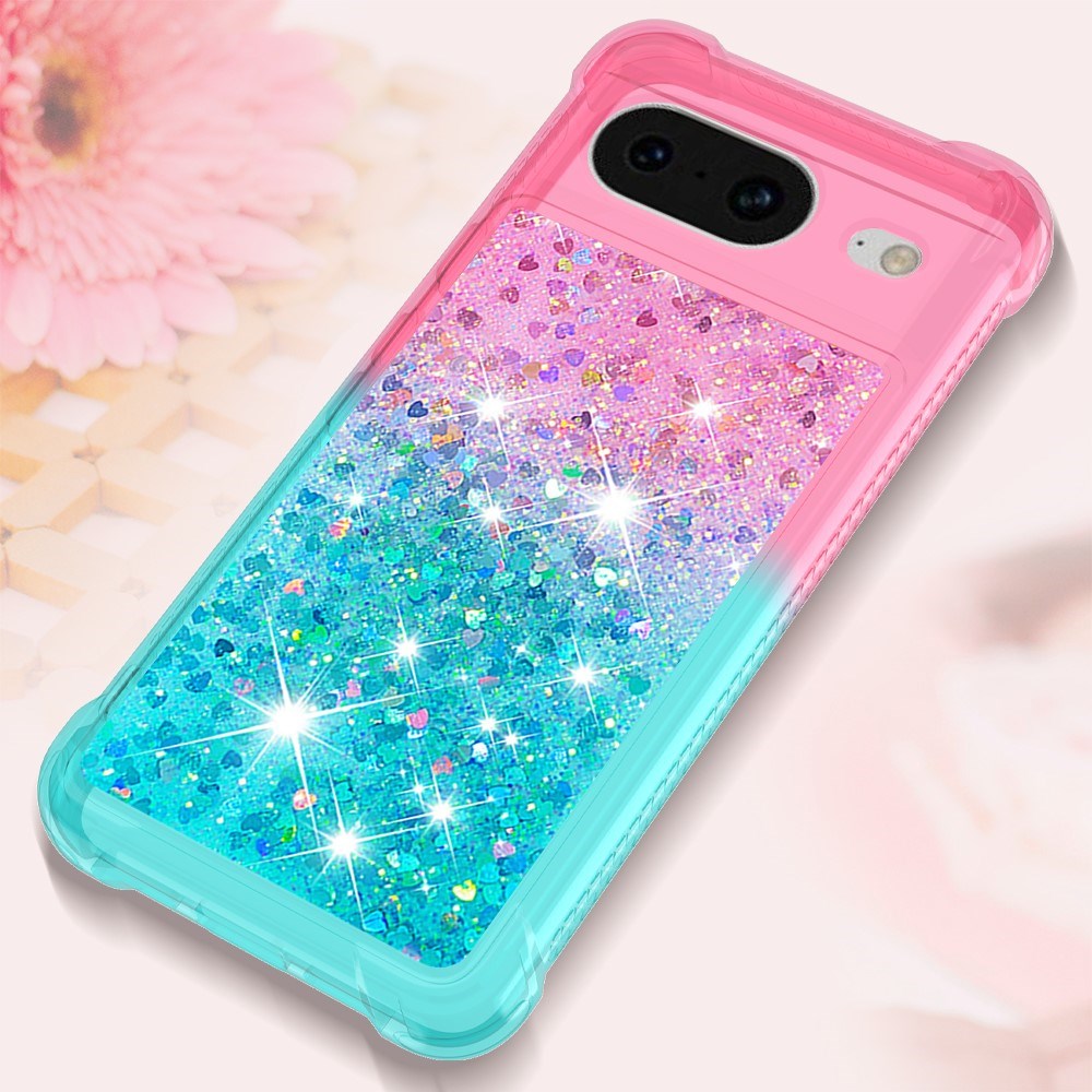 Google Pixel 8 Transparent Glitter Bakdeksel - Rosa / Turkis