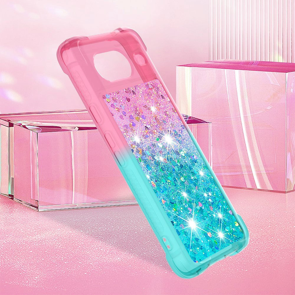 Google Pixel 8 Transparent Glitter Bakdeksel - Rosa / Turkis