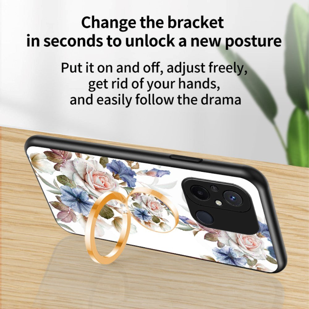 Xiaomi Redmi 12C plastbakdeksel m. Glassrygg & Magnetisk Stativ / Fingerring - Svart m. Blomster