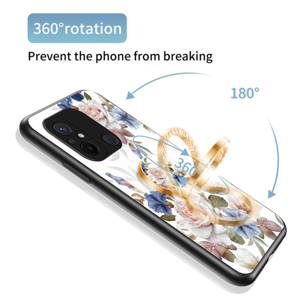 Xiaomi Redmi 12C plastbakdeksel m. Glassrygg & Magnetisk Stativ / Fingerring - Svart m. Blomster