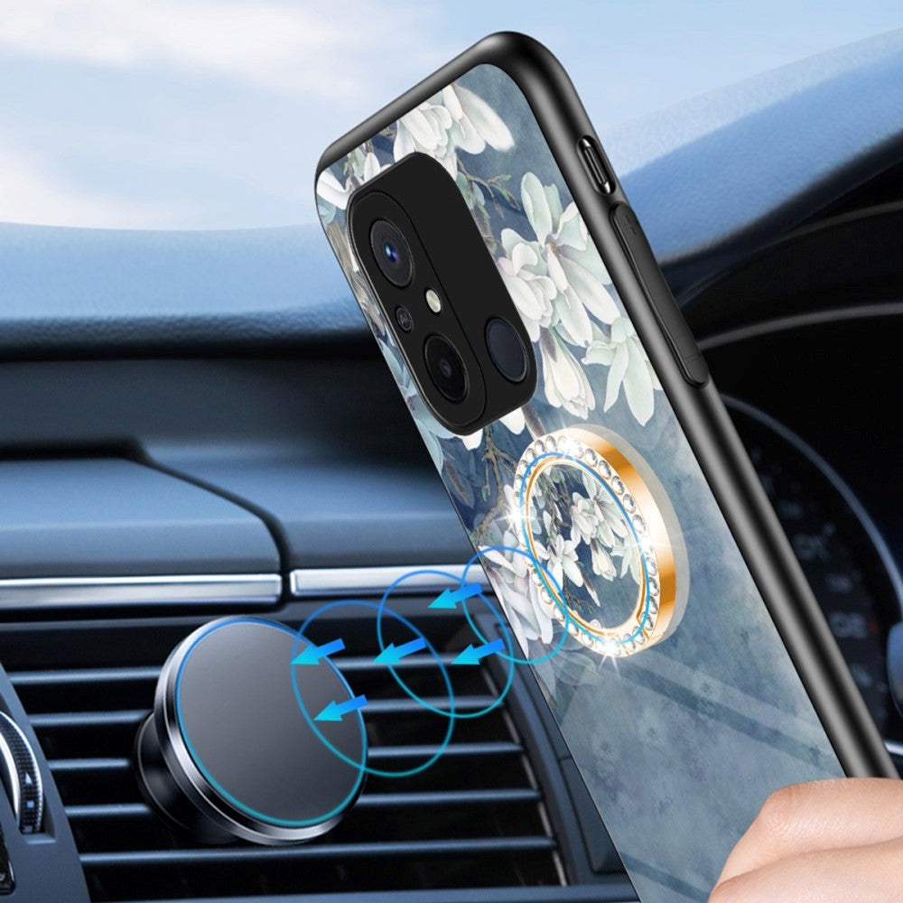 Xiaomi Redmi 12C plastbakdeksel m. Glassrygg & Magnetisk Stativ / Fingerring - Svart m. Blomster