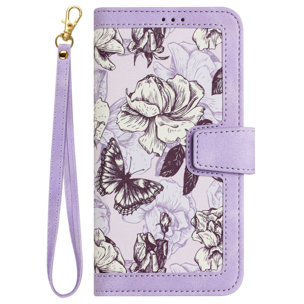 iPhone 15 Pro Leather Flip Cover m. Veske og stropp - Lilla m. Blomster og sommerfugl