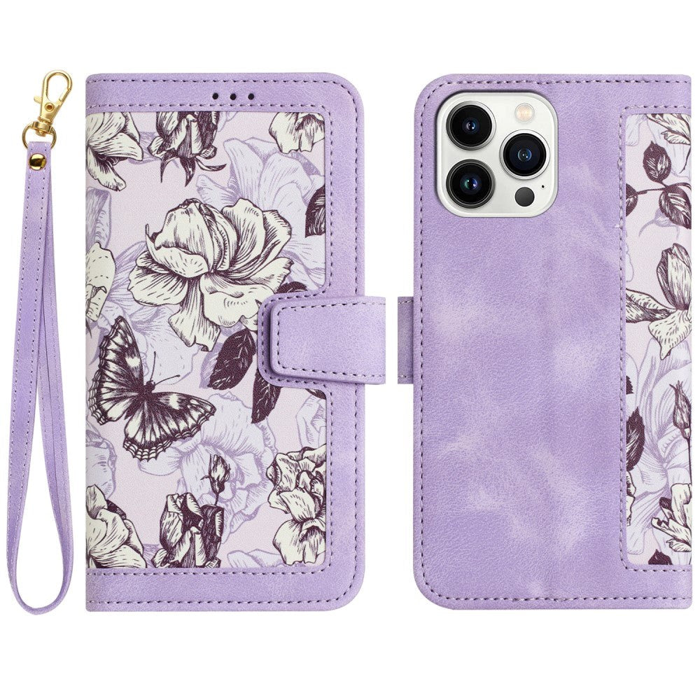 iPhone 15 Pro Leather Flip Cover m. Veske og stropp - Lilla m. Blomster og sommerfugl