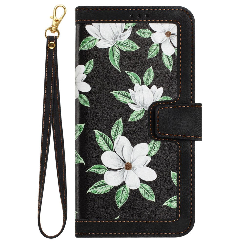 iPhone 15 Plus Leather Flip Cover m. Lommebok og stropp - Svart m. Blomster