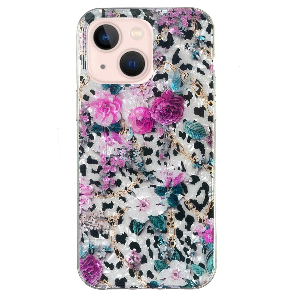iPhone 15 fleksibelt plastdeksel - Leopard og blomstermønster