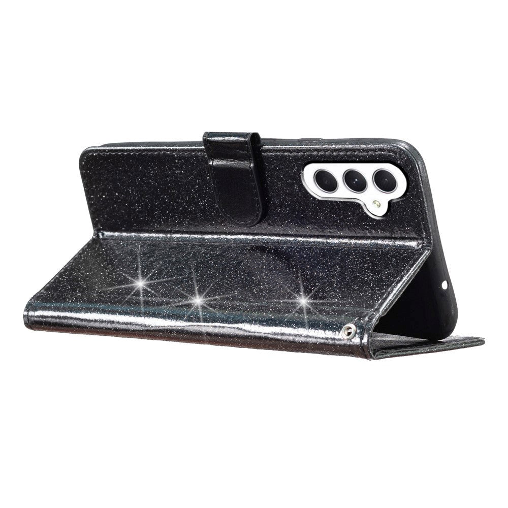 Samsung Galaxy S23 FE Leather Flip Cover m. Lommebok og stropp - Glitter - Svart