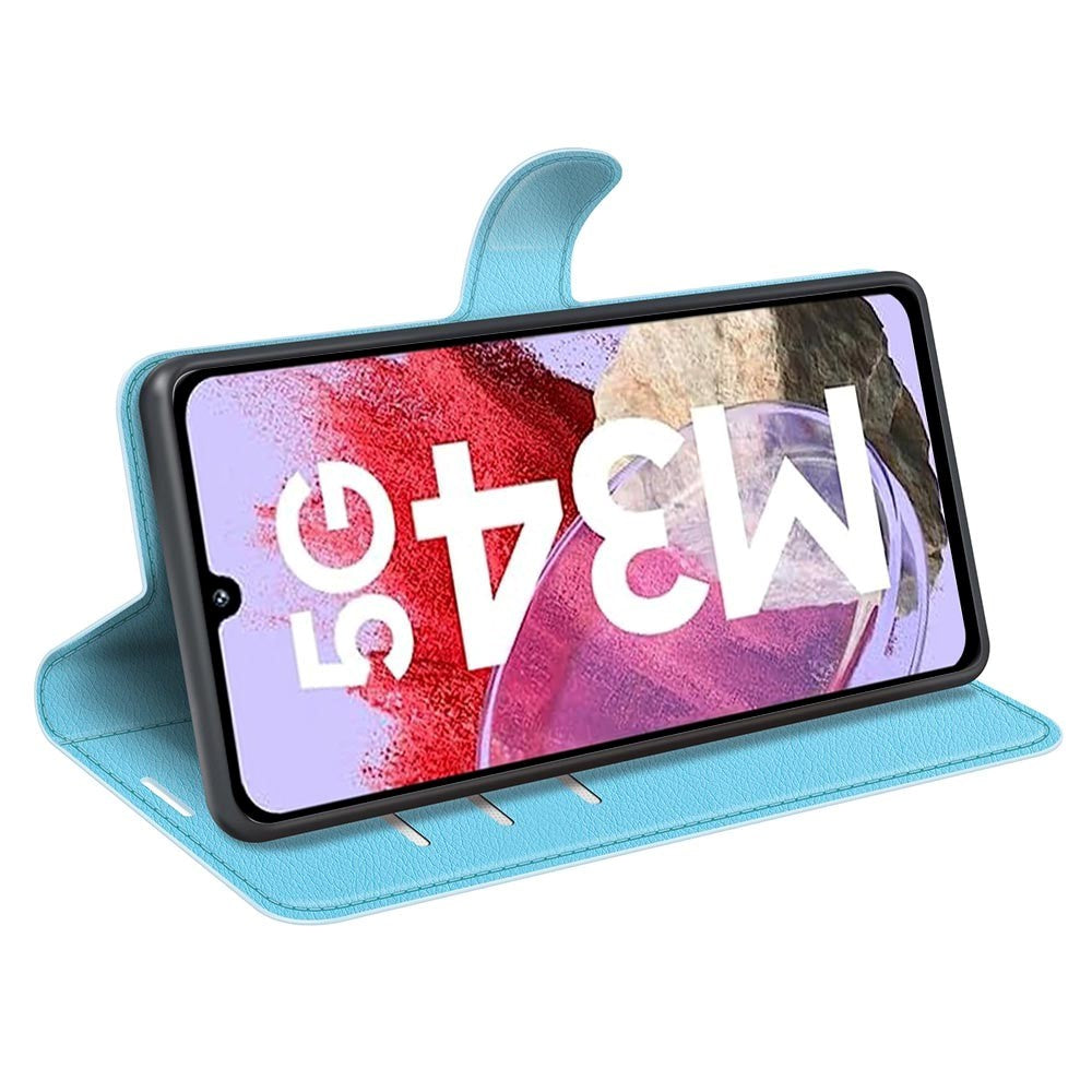 Samsung Galaxy M34 (5G) / F34 (5G) Litchi Leather Flip Cover m. Lommebok - Lyseblå