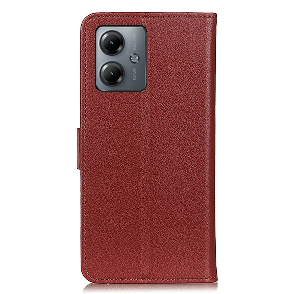 Motorola Moto G14 Litchi Leather Flip Cover m. Lommebok - Brun